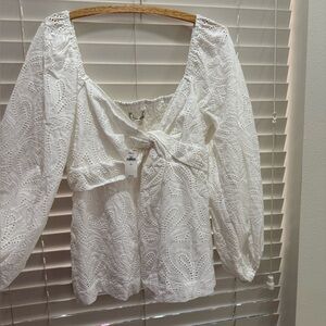 NWT Banana Republic Women's Tall Size Large White Eyelet Tie-Front Blouse Cotton